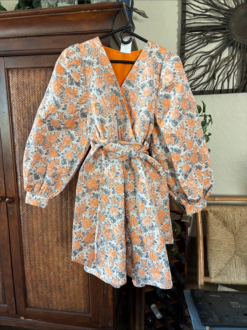 YAS Floral Wrap Mini Dress in Orange and Gray